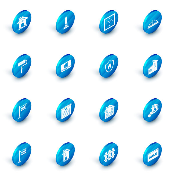 设置华盛顿纪念碑，时钟，游泳池与梯子，油漆滚筒刷，悬挂标志文字销售，笔记本电脑和智能家居，房子和盾牌图标。向量图片下载