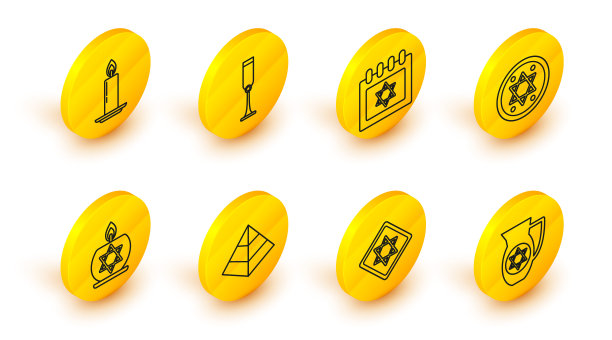 设置线酒瓶与大卫之星，大卫之星，埃及金字塔，蜡烛烛台燃烧的蜡烛，犹太硬币，日历，高脚杯和图标。向量图片下载