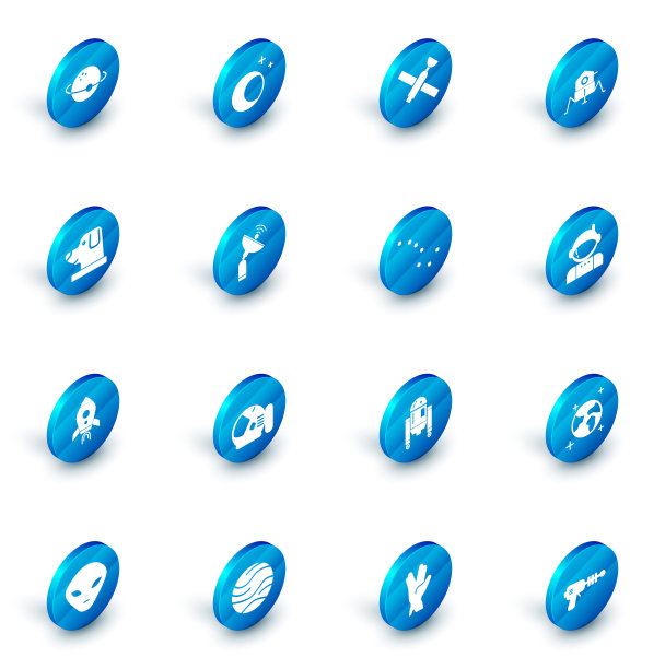 设定月亮和星星，卫星，火星探测器，狗在宇航员头盔，火箭船与火，雷达，宇航员和大熊星座图标。向量图片下载