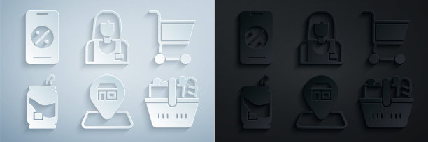 设置位置市场商店，购物车，汽水罐，篮子和食品，卖家和百分比折扣移动图标。向量图片下载