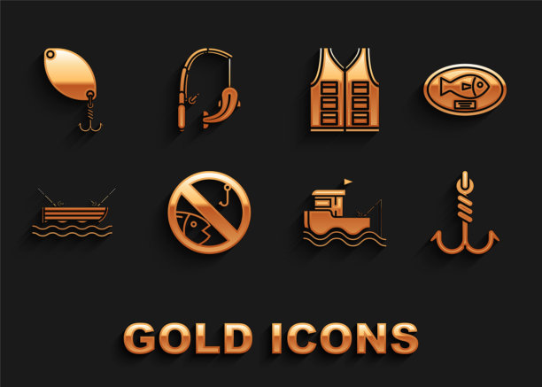 设置无垂钓，鱼奖杯挂在板上，鱼钩，船带钓竿水，夹克，勺子和图标。向量图片下载