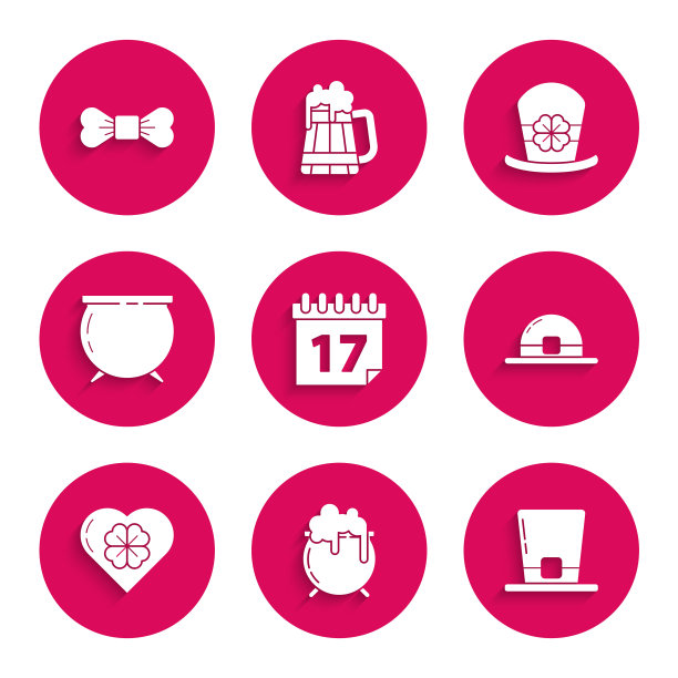 设置圣帕特里克节日历，女巫坩埚，妖精帽，心形四叶苜蓿，和蝴蝶结图标。向量图片下载