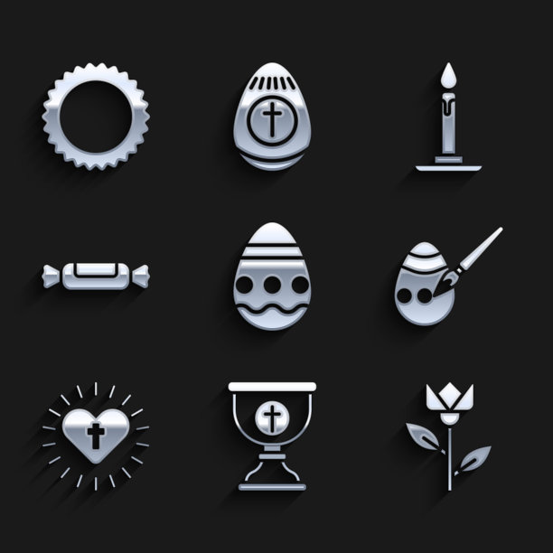 设置复活节彩蛋，基督教圣杯，郁金香花，和画笔，十字心，糖果，燃烧蜡烛烛台和太阳图标。向量图片下载