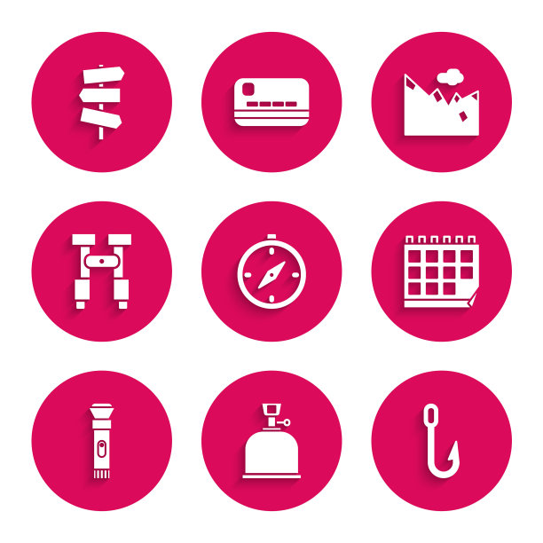 设置指南针，野营煤气炉，钓鱼钩，日历，手电筒，双筒望远镜，山脉和道路交通标志图标。向量图片下载