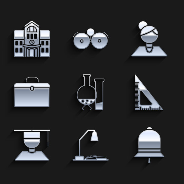 设置化学实验室测试试管和烧瓶，工作场所用台灯翻开书，摇铃，三角尺，研究生毕业帽，公文包，教师和学校建筑图标。向量图片下载