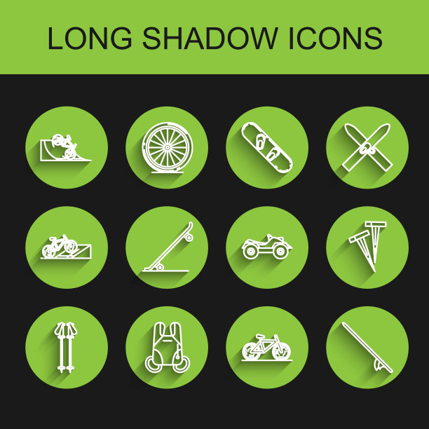 设置线滑雪杆，降落伞，自行车在街道坡道，冲浪板，滑板，帐篷和所有地形车辆ATV摩托车图标的钉子。向量图片下载