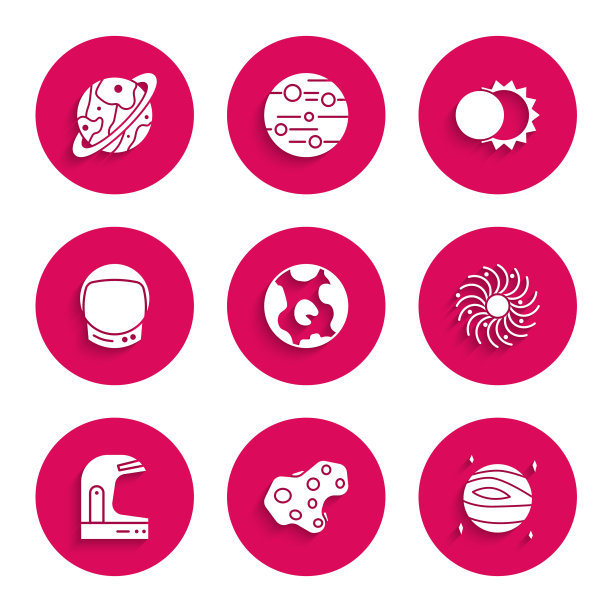 设置地球仪，小行星，金星，黑洞，宇航员头盔，日蚀和土星图标。向量图片下载