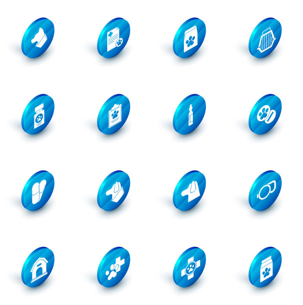 设置带有医疗临床记录宠物、食品袋、宠物手提箱、狗药瓶和药丸、宠物小瓶图标的剪贴板。向量图片下载