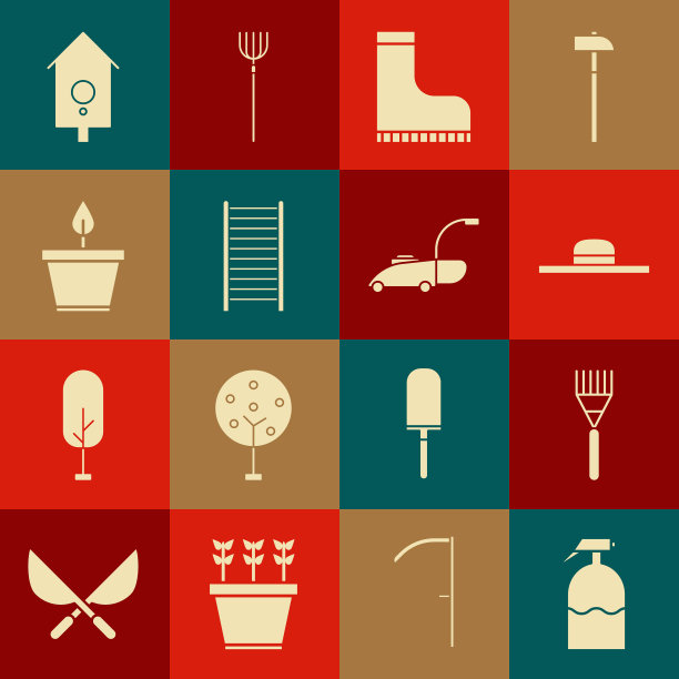 设置花园喷雾器，耙，工人帽，防水橡胶靴，木制楼梯，盆栽，复古墙手表和割草机图标。向量图片下载