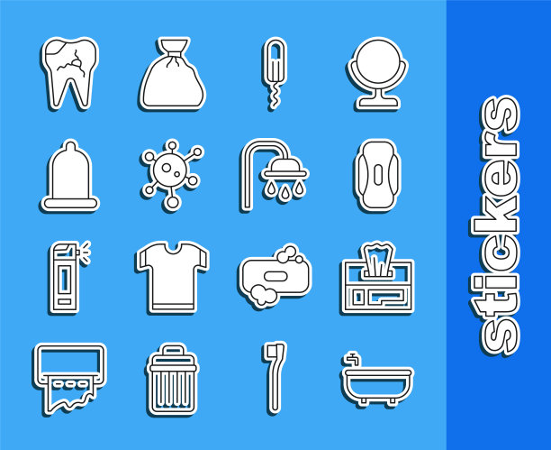 设置线浴缸，湿纸巾包，卫生巾，卫生棉条，病毒，避孕套，破碎的牙齿和淋浴头图标。向量图片下载