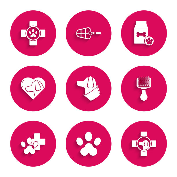 集狗，爪印，兽医诊所标志，毛刷为狗和猫，心与，袋食品宠物和图标。向量图片下载