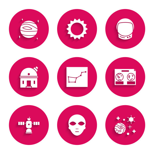 设置大熊星座，外星人，太空和行星，夜空天文图，卫星，天文台，宇航员头盔和行星金星图标。向量图片下载