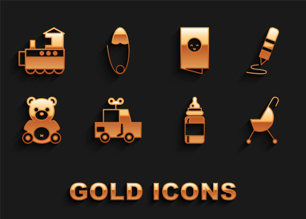 设置玩具车，蜡笔画，婴儿推车，奶瓶，泰迪熊毛绒玩具，淋浴邀请卡，海报，火车和经典钢安全别针图标。向量图片下载