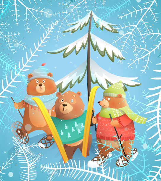 熊在冬季滑雪圣诞假期明信片图片下载