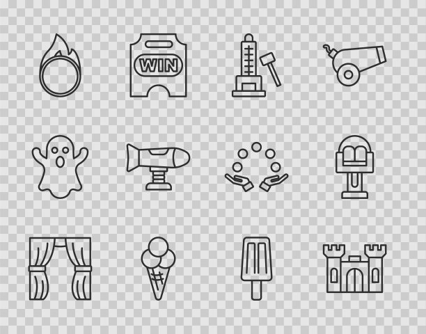 设置线马戏团幕升起，城堡，前锋吸引锤子，冰淇淋华夫蛋筒，火圈，摇摆飞机，和吸引旋转木马图标。向量图片下载