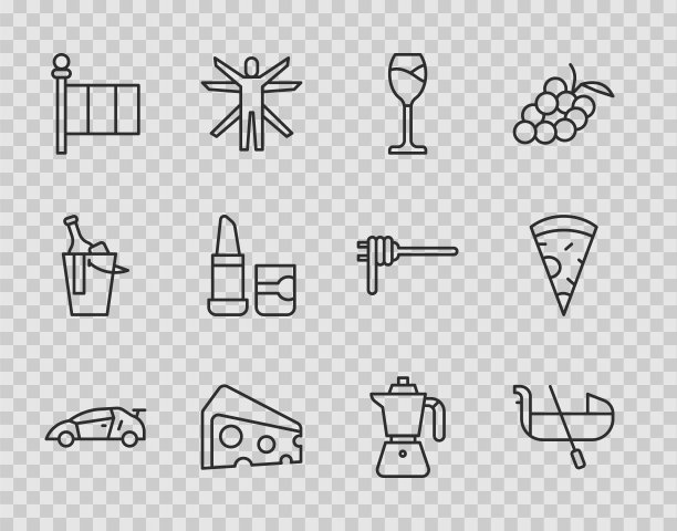 设置线运动赛车，贡多拉，葡萄酒杯，奶酪，意大利国旗，唇膏，咖啡moca壶和切片披萨图标。向量图片下载