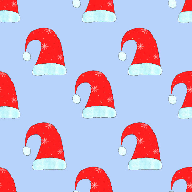 无缝图案的红色圣诞老人帽，用毛皮和雪花装饰在蓝色的背景上。水彩插图。复古的风格。用于设计壁纸，礼品纸，贺卡。图片下载