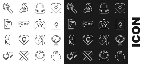 Set line香水，圆形化妆镜，关于女人的书，手袋，语音泡沫与我爱你，在线约会app聊天，搜索8月3日和信封图标。向量图片下载