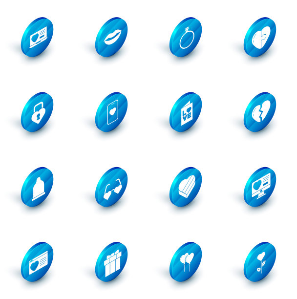 设置微笑的嘴唇，钻石订婚戒指，心，城堡的形状的心，避孕套，在线约会app和聊天，破碎和情人节派对传单图标。向量图片下载