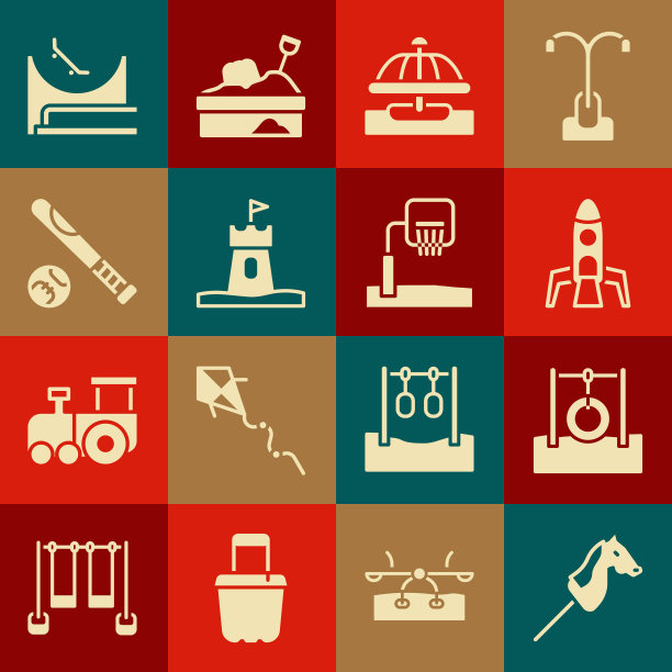 设置玩具马，吊在绳子上的汽车轮胎，火箭船，吸引旋转木马，沙塔，棒球棒与球，滑板公园和篮球篮板图标。向量图片下载