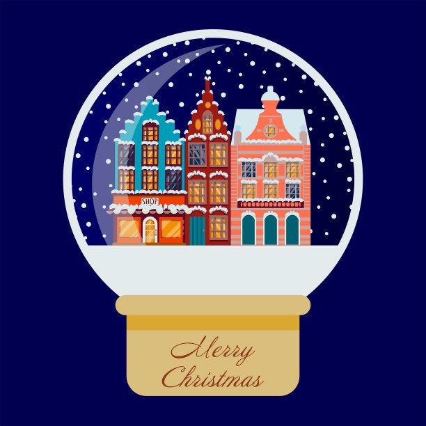 圣诞快乐，新年快乐，老房子雪花玻璃球。图片下载
