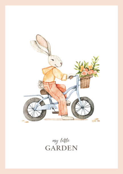 水彩幼稚海报与可爱的兔子骑自行车和花。孩子性格。儿童房的装饰。完美的邀请，贺卡，包装，宝宝派对图片下载