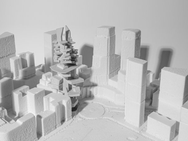 当代摩天大楼的城市建筑物理模型，用3d打印机制作灰色塑料，用CNC机器制作泡沫塔图片下载