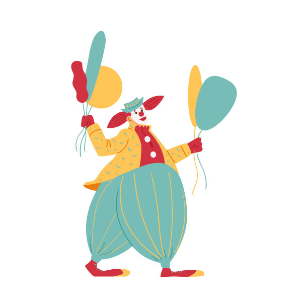 快乐的滑稽小丑与气球，平面矢量插图孤立的白色。图片下载