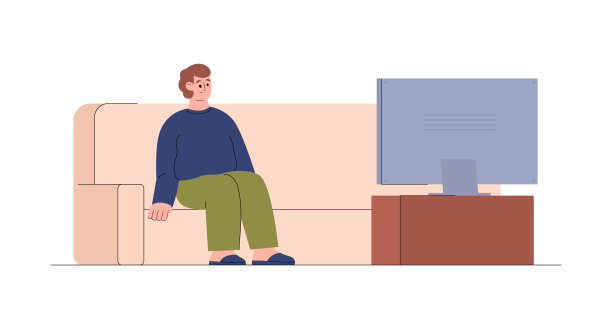 不快乐和超重的男人独自坐在沙发上看电视，平面矢量插图孤立在白色背景上。图片下载