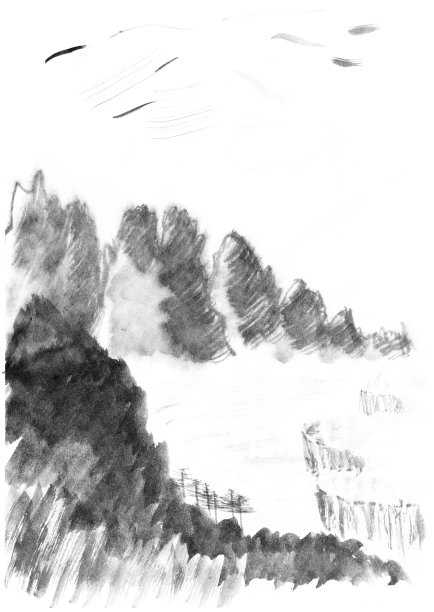 幻想的海风景插画在日本民间绘画风格Sumi-e。单色手绘海洋，岩石，山与森林，小山，悬崖，松树，草地，草甸草本图片下载