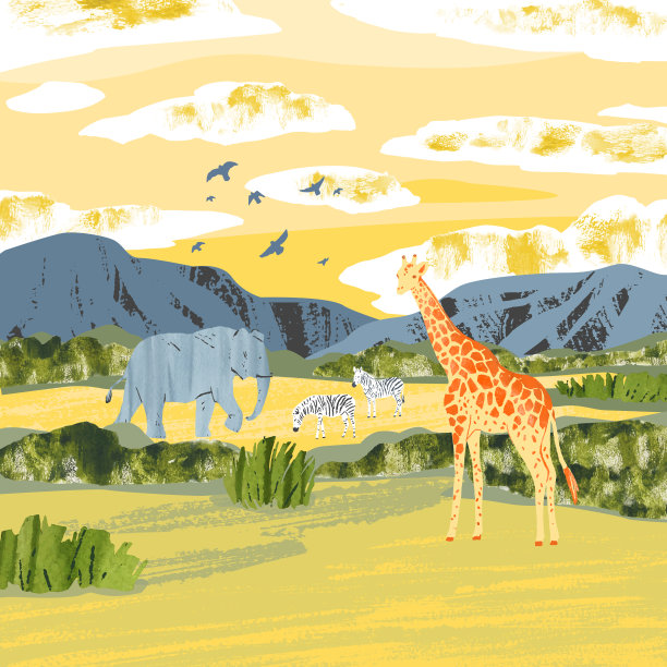 非洲。热带草原上到处都是动物。明亮的手画矢量插图与斑马，长颈鹿，大象，鸟类，山脉，灌木丛和日落图片下载