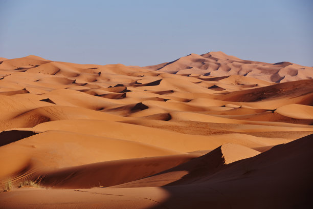无尽的撒哈拉沙漠。撒哈拉沙漠沙丘上美丽的日落，非洲摩洛哥图片下载
