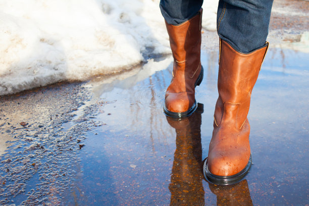 早春，一个穿着皮靴的人站在水坑上。俄罗斯的水坑、泥浆和雪泥。天气和季节。图片下载