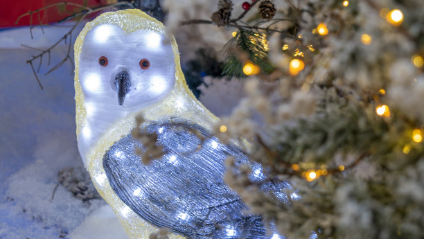 在圣诞树的背景下，发光的玩具猫头鹰坐在童话森林里。新年的概念。图片下载