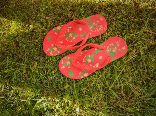 碎花拖鞋和绿草图片下载