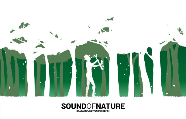 森林中萨克斯管吹奏者的矢量剪影。图片下载
