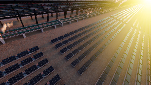 在明亮的阳光下的一个太阳能电池板领域的高角度视图图片下载