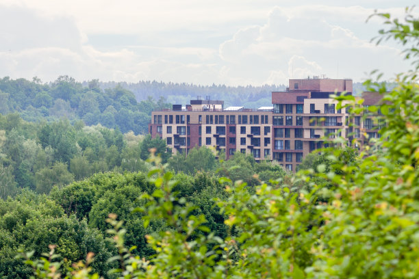 新建绿色公园公寓多功能城市多户住宅小区区域开发。可持续的生活方式。图片下载