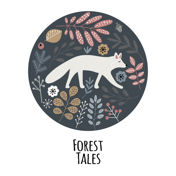 圆圈图标与白色狐狸和花图片下载