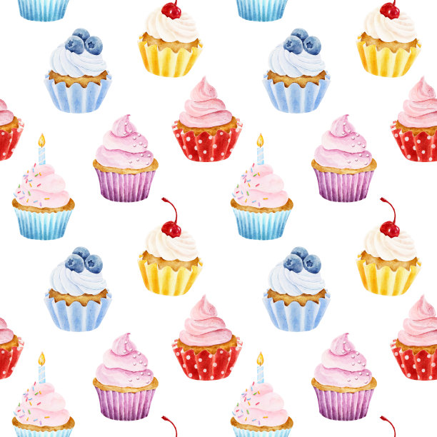 无缝图案与水彩纸杯蛋糕孤立在白色的背景。手绘水彩插图。图片下载