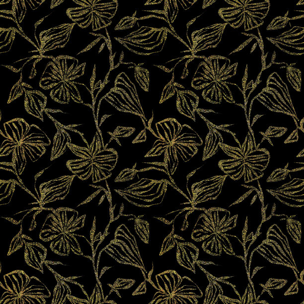 无缝图案与闪亮的花在一个黑色的背景，轮廓花制成的亮片，美丽的黑色打印，手绘图片下载