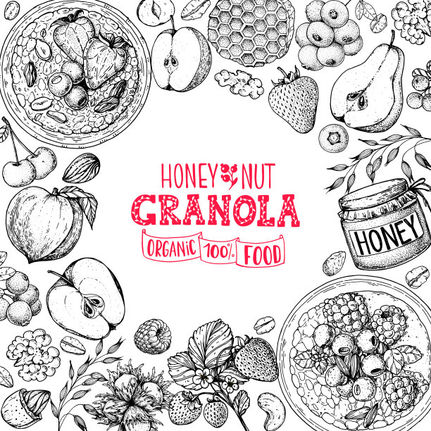 燕麦成分说明。燕麦片，浆果，水果和坚果手绘草图。早餐顶视图框架。早餐菜单设计。手绘矢量插图。图片下载