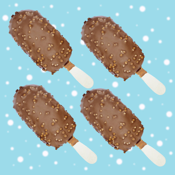 蓝色背景上的巧克力冰淇淋，带有栅格图案元素。图片下载