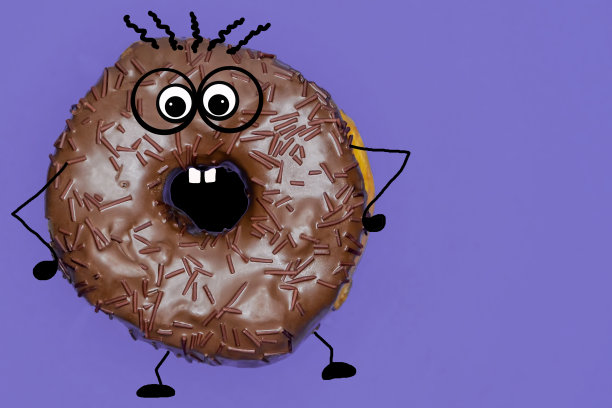 疯狂的甜甜圈配上巧克力糖衣，以淡紫色为背景，再加上身体部位的彩绘。位图绘制。题字的地方。图片下载