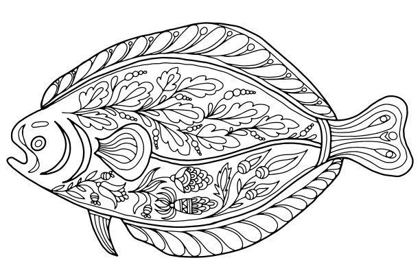 一个抽象的鱼与花和叶子在民间风格在白色的背景上着色，向量图片下载