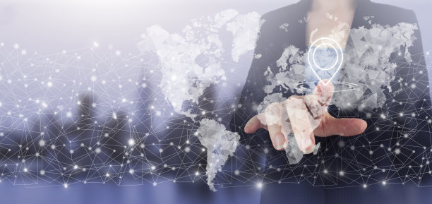 全球世界电信网。手触式数字屏幕全息图世界，地球，地图，地球仪上的城市灯光模糊背景。全球技术概念。图片下载