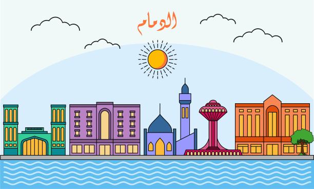 Dammam天际线与线条艺术风格矢量插图。现代城市设计矢量。阿拉伯语翻译:Dammam图片下载