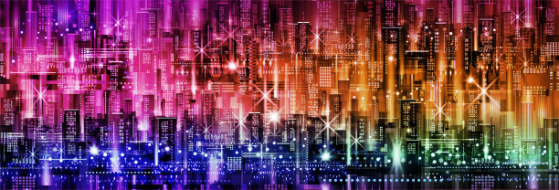 矢量插图的一个大的夜间城市的全景被霓虹灯照明。现代建筑与摩天大楼图片下载