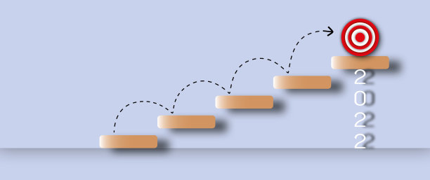 弯弯的虚线向上的箭头台阶上的目标在2022年。图片下载