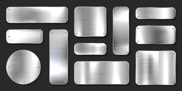 现实闪亮的金属旗帜设置。带螺丝的拉丝钢板。抛光的银金属表面。矢量图图片下载